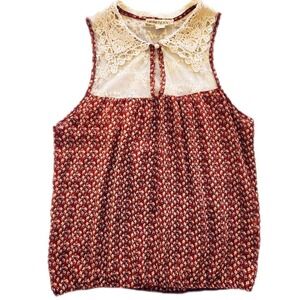 Crochet lace floral collar sleveless blouse boho western retro cream red size M